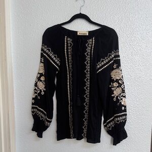 Savannah Black Blouse with Cream Embroidery